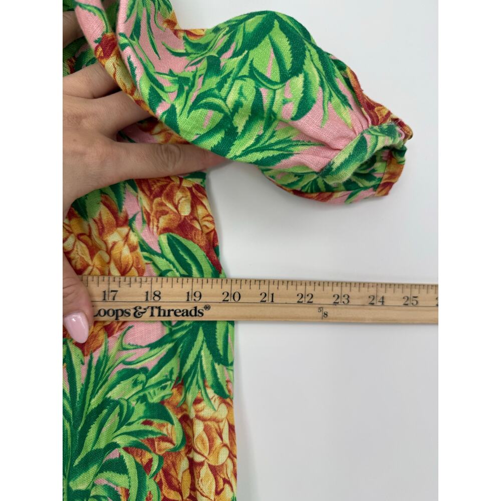 Farm Rio Pineapple Garden Linen Dress Off Shoulder Puff Sleeve Midi M Tropical - Picture 5 of 9
